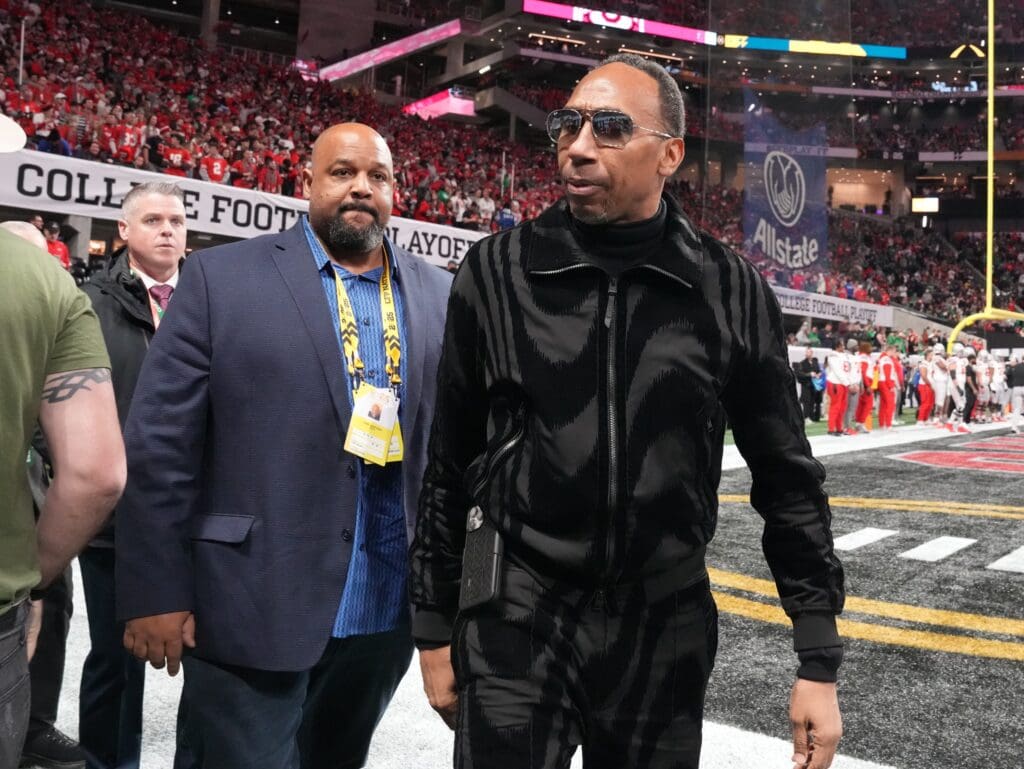 Jan 20, 2025; Atlanta, GA, USA; Sports personality Stephen A. Smith arrives before the CFP National Championship college football game between the Notre Dame Fighting Irish and the Ohio State Buckeyes at Mercedes-Benz Stadium. Mandatory Credit: Kirby Lee-Imagn Images