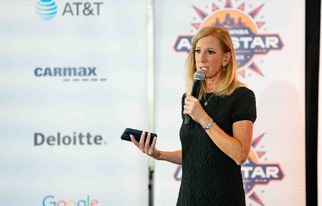 WNBA Commissioner Cathy Engelbert speaks during the Changemaker Day event at Parsons Leadership Center at Camp South Mountain in Phoenix in 2024.