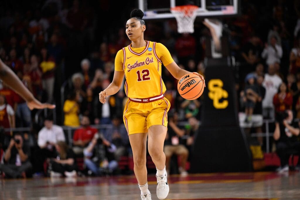 Mar 24, 2025; Los Angeles, California, USA; USC Trojans guard JuJu Watkins (12) during an NCAA Tournament second round game against the Mississippi State Bulldogs at Galen Center. Mandatory Credit: Robert Hanashiro-Imagn Images