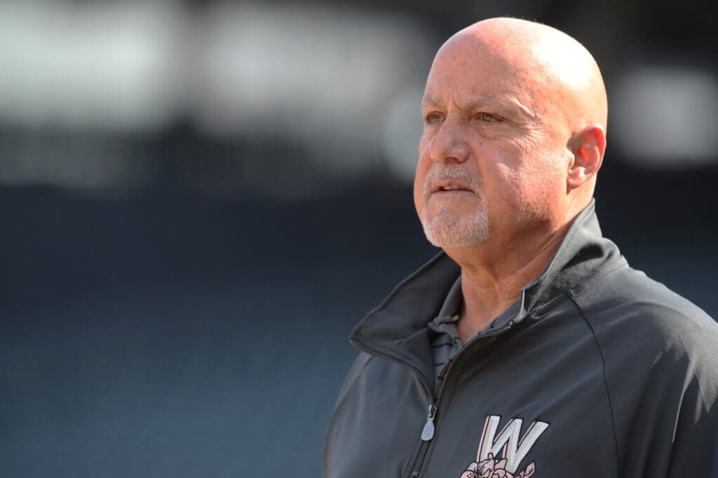 Apr 14, 2025; Pittsburgh, Pennsylvania, USA; Washington Nationals general manager Mike Rizzo looks on before the Nationals play the Pittsburgh Pirates at PNC Park. Mandatory Credit: Charles LeClaire-Imagn Images