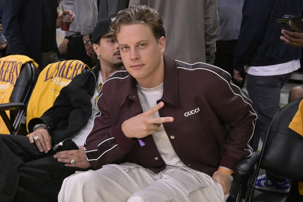 Apr 19, 2025; Los Angeles, California, USA; Cincinnati Bengals quarterback Joe Burrow attends the game between the Los Angeles Lakers and the Minnesota Timberwolves at Crypto.com Arena. Mandatory Credit: Jayne Kamin-Oncea-Imagn Images