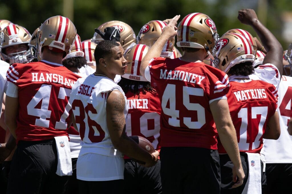 May 9, 2025; Santa Clara, CA, USA; San Francisco 49ers fifth-round draft pick Marques Sigle (36) huddles with his teammates during the teamÂ’s rookie minicamp.