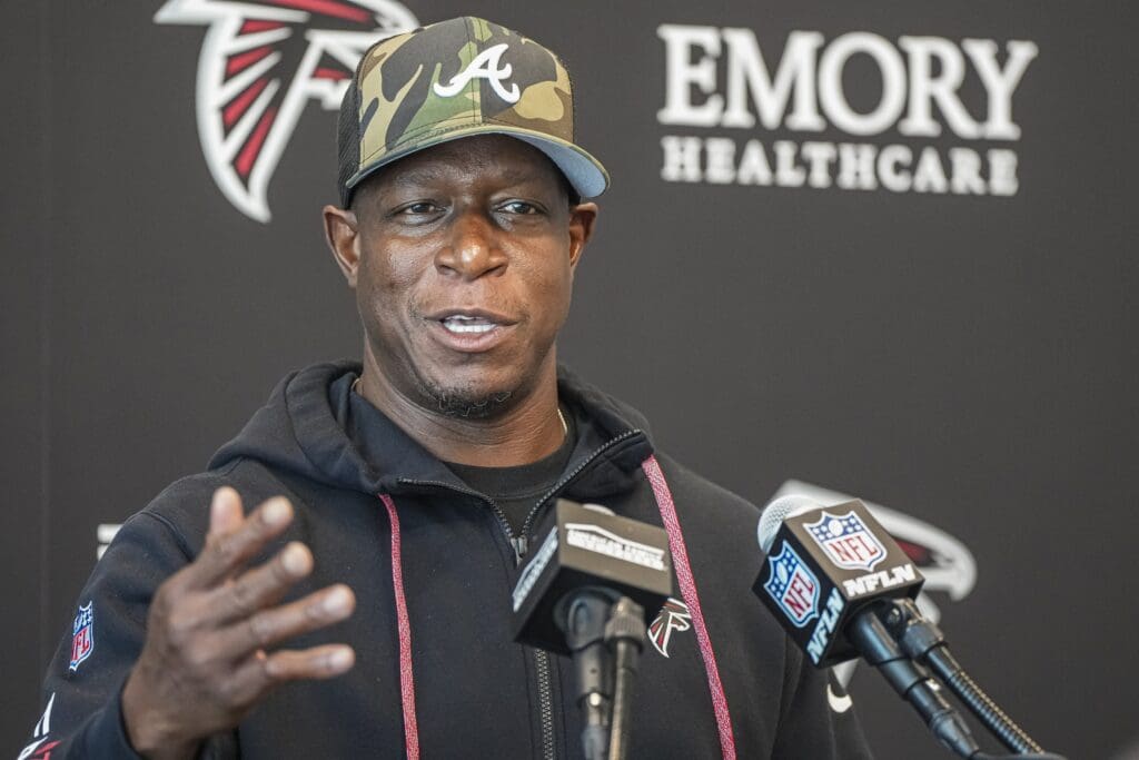 Jun 11, 2025; Atlanta, GA, USA; Atlanta Falcons head coach Raheem Morris answers media questions before practice at Children's Healthcare of Atlanta Training Ground. Mandatory Credit: Dale Zanine-Imagn Images