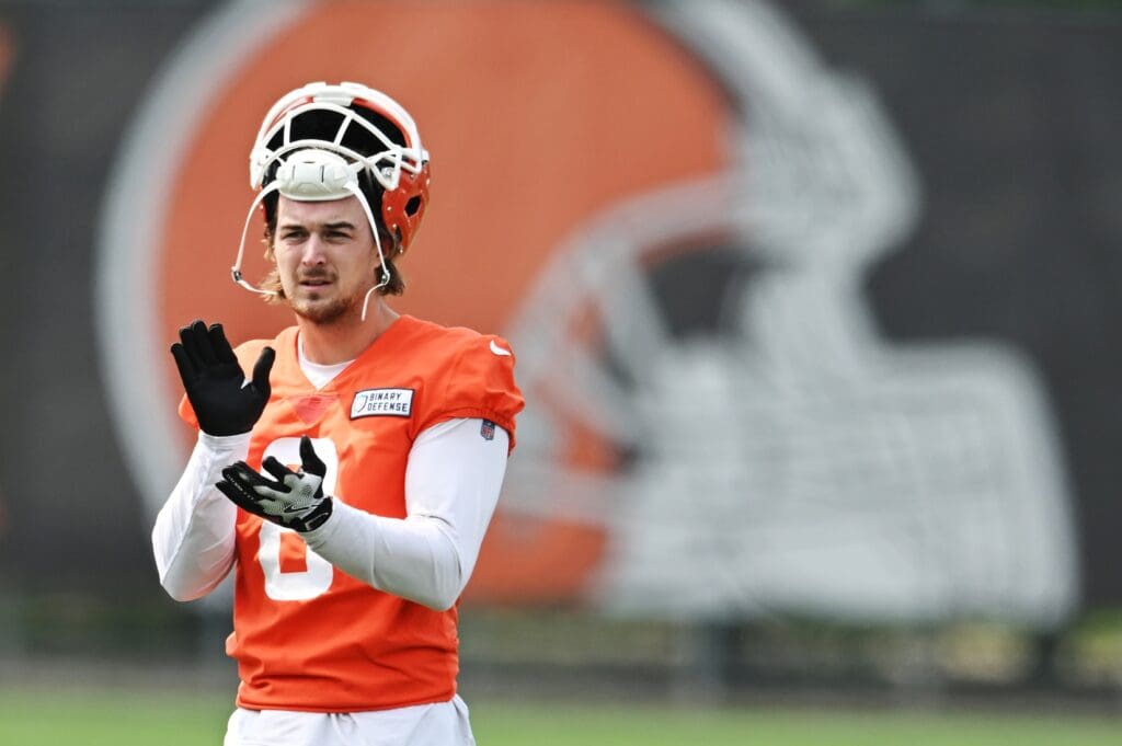 Jun 12, 2025; Berea, OH, USA; Cleveland Browns quarterback Kenny Pickett (8) looks on during mini camp at CrossCountry Mortgage Campus. Mandatory Credit: Ken Blaze-Imagn Images