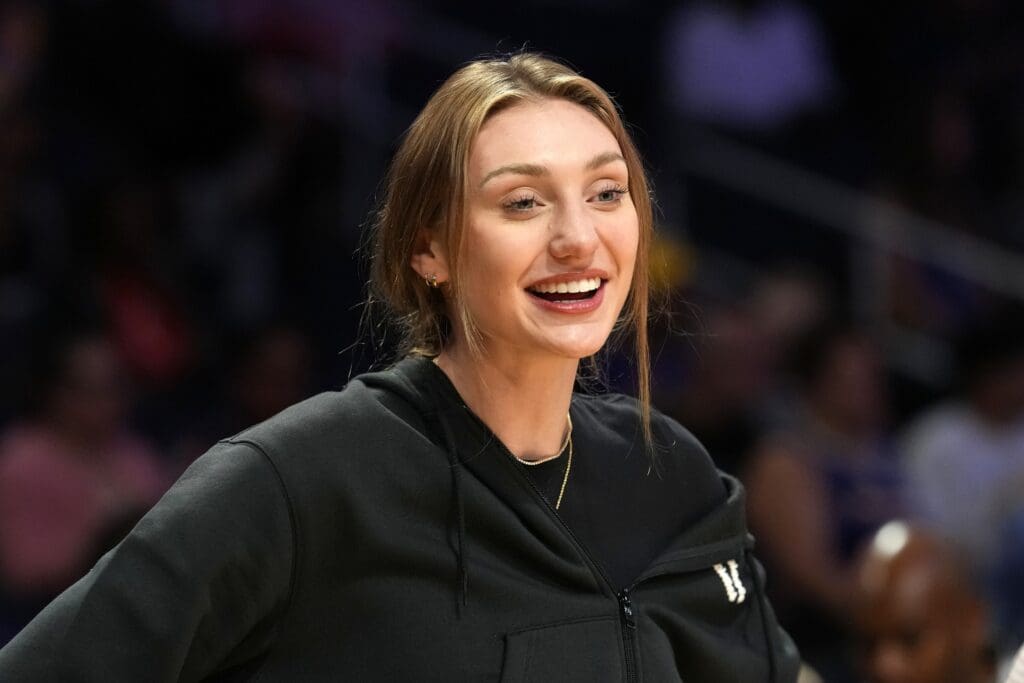 Jun 17, 2025; Los Angeles, California, USA; LA Sparks forward Cameron Brink watches during the game against the Seattle Storm at Crypto.com Arena. Mandatory Credit: Kirby Lee-Imagn Images