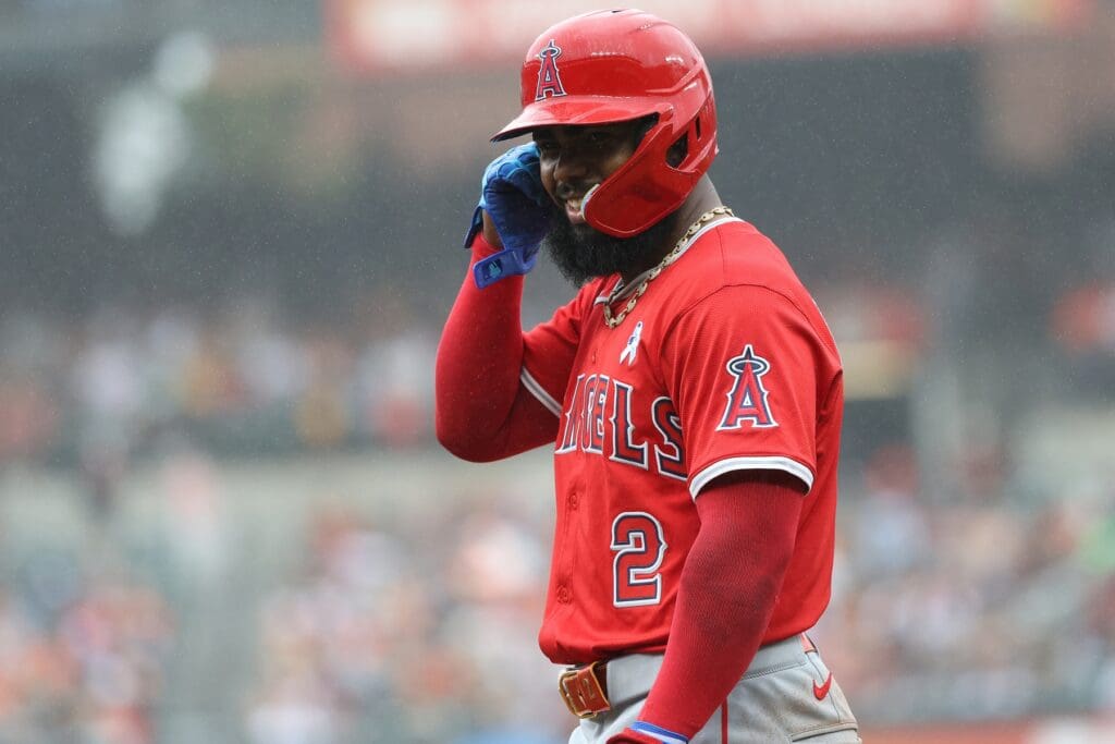 Jun 15, 2025; Baltimore, Maryland, USA; Los Angeles Angels third baseman Luis Rengifo (2) looks on during the seventh inning against the Baltimore Orioles at Oriole Park at Camden Yards.