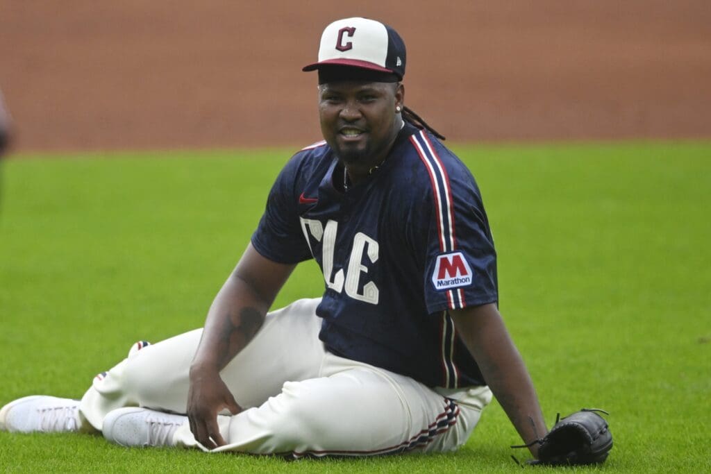 Jun 27, 2025; Cleveland, Ohio, USA; Cleveland Guardians starting pitcher Luis Ortiz (45) reacts after slipping while fielding a ground ball in the first inning against the St. Louis Cardinals at Progressive Field. Mandatory Credit: David Richard-Imagn Images