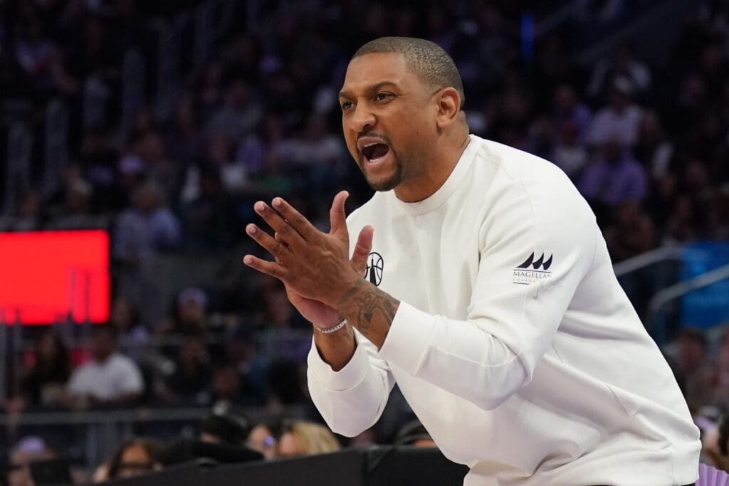 May 21, 2025; San Francisco, California, USA; Chicago Sky head coach Tyler Marsh coaches his players in the first quarter against the Golden State Valkyries at Chase Center. Mandatory Credit: David Gonzales-Imagn Images