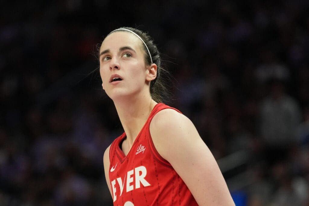 Jun 19, 2025; San Francisco, California, USA; Indiana Fever guard Caitlin Clark (22) during the fourth quarter against the Golden State Valkyries at Chase Center. Mandatory Credit: Darren Yamashita-Imagn Images