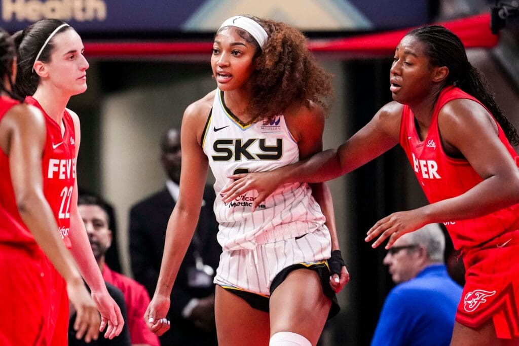 Chicago Sky forward Angel Reese reacts to a flagrant foul from Indiana Fever guard Caitlin Clark, left, on Saturday, May 17, 2025, at Gainbridge Fieldhouse in Indianapolis.