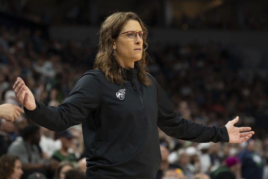 Jul 1, 2025; Minneapolis, Minnesota, USA; Indiana Fever head coach Stephanie White looks on against the Minnesota Lynx in the second half during the Commissioner's Cup final at Target Center. Mandatory Credit: Jesse Johnson-Imagn Images