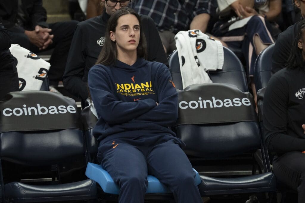 Jul 1, 2025; Minneapolis, Minnesota, USA; Indiana Fever guard Caitlin Clark (22) looks on against the Minnesota Lynx in the second half during the Commissioner's Cup final at Target Center. Mandatory Credit: Jesse Johnson-Imagn Images