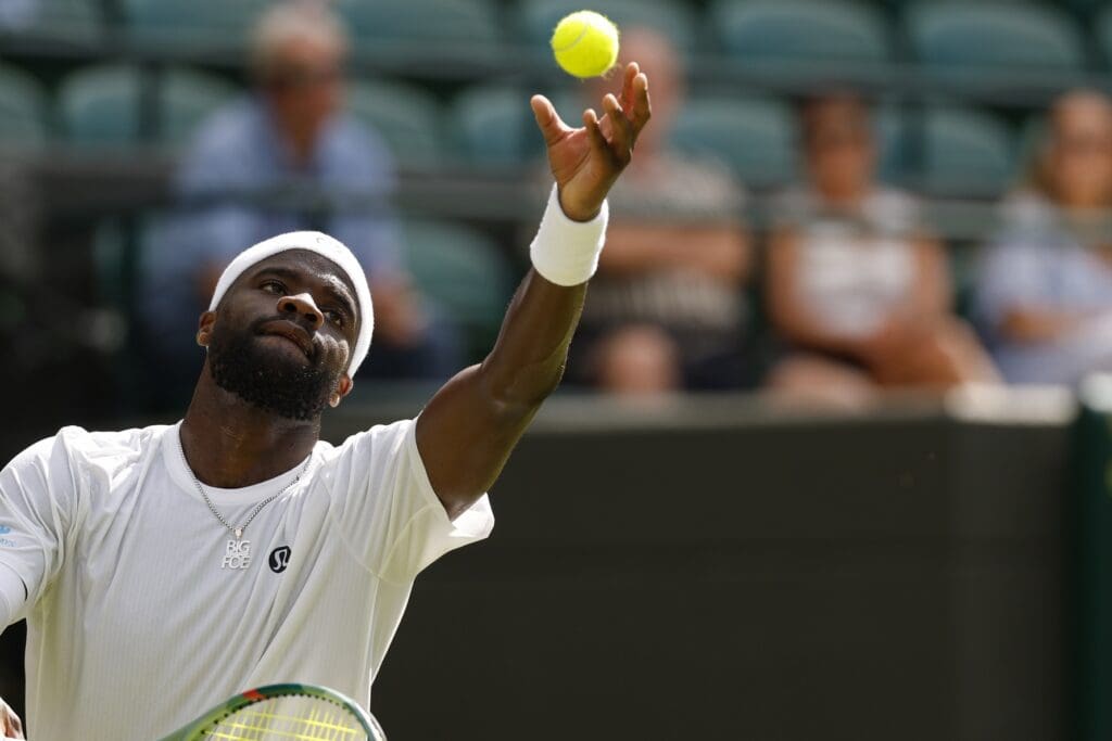 Jul 2, 2025; Wimbledon, United Kingdom; Frances Tiafoe (USA) /series/ Cameron Norrie (GBR)(not pictured) on day three of The Championships Wimbledon 2025 at All England Lawn Tennis and Croquet Club. Mandatory Credit: Geoff Burke-Imagn Images