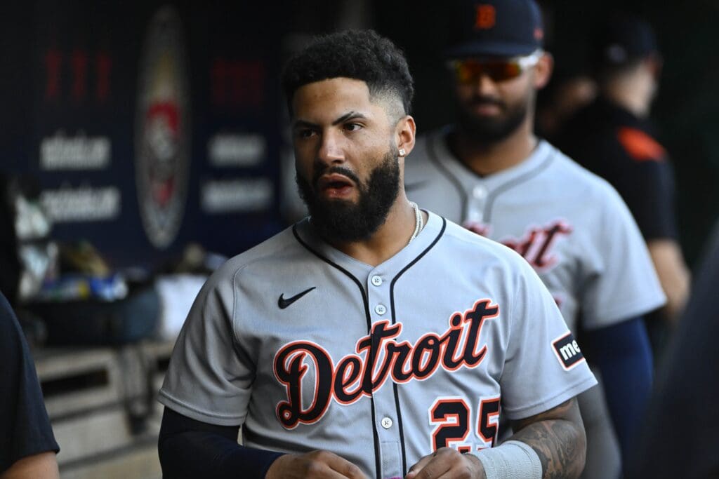 Jul 3, 2025; Washington, District of Columbia, USA; Detroit Tigers second baseman Gleyber Torres (25) in the dugout against the Washington Nationals before the game at Nationals Park. Mandatory Credit: Brad Mills-Imagn Images
