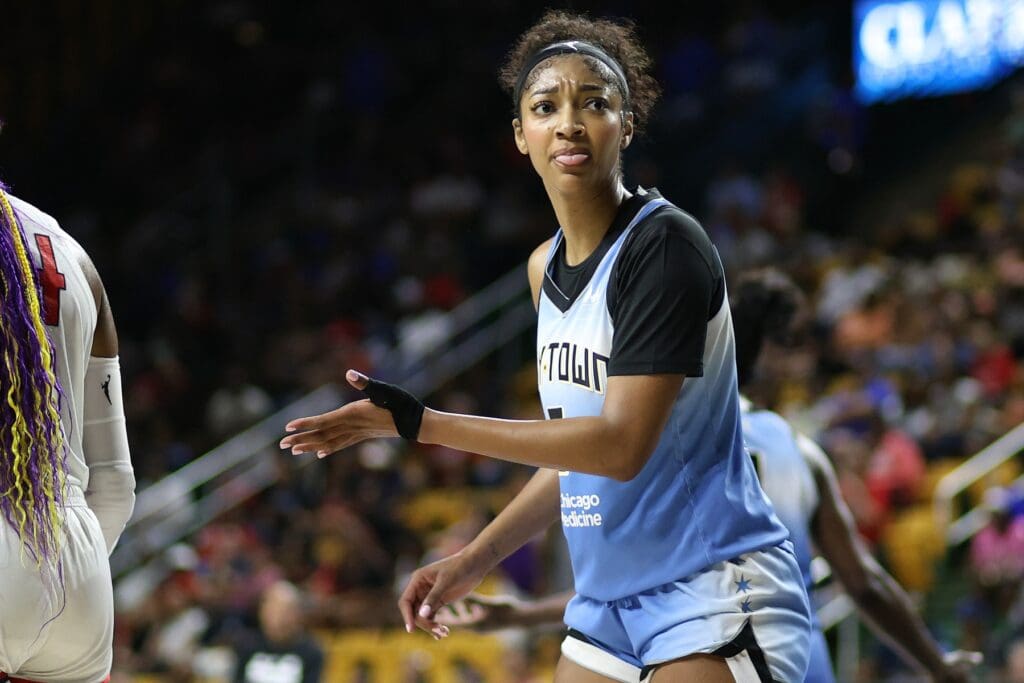 Jul 8, 2025; Fairfax, Virginia, USA; Chicago Sky forward Angel Reese (5) looks on during the first half against the Washington Mystics at EagleBank Arena. Mandatory Credit: Daniel Kucin Jr.-Imagn Images