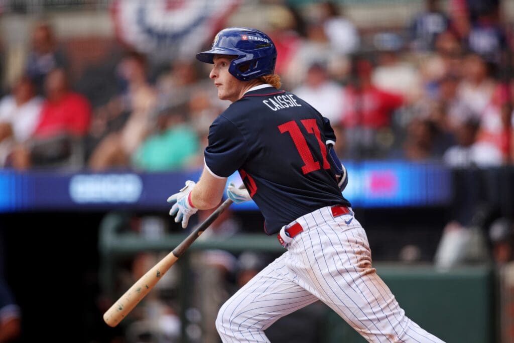 Jul 12, 2025; Atlanta, GA, USA; National League outfielder Owen Caissie (17) of the Chicago Cubs makes a run during the seventh inning against American League at Truist Park. Mandatory Credit: Brett Davis-Imagn Images