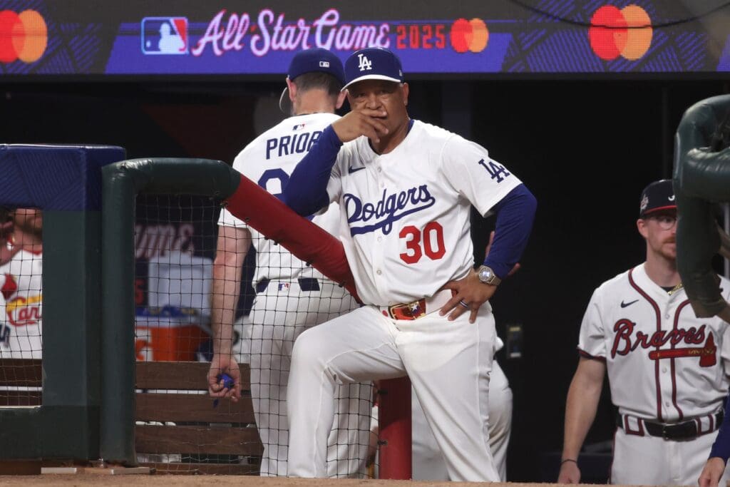 Jul 15, 2025; Cumberland, Georgia, USA; National League manager Dave Roberts of the Los Angeles Dodgers looks on in the third inning during the 2025 MLB All Star Game at Truist Park. Mandatory Credit: Brett Davis-Imagn Images