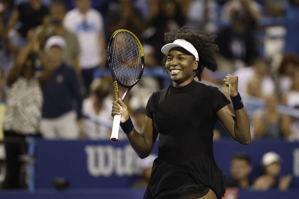 Jul 22, 2025; Washington, D.C., USA; Venus Williams (USA) celebrates after match point against Peyton Stearns (USA)(not pictured) in a women's singles match on day two of the Mubadala Citi DC Open at Rock Creek Park Tennis Center. Mandatory Credit: Geoff Burke-Imagn Images