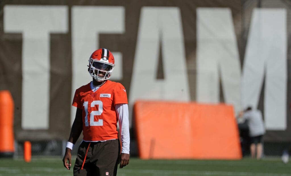 Cleveland Browns quarterback Shedeur Sanders (12) jokes around during NFL training camp practice at the Cleveland Browns training facility, Wednesday, July 23, 2025, in Berea, Ohio.