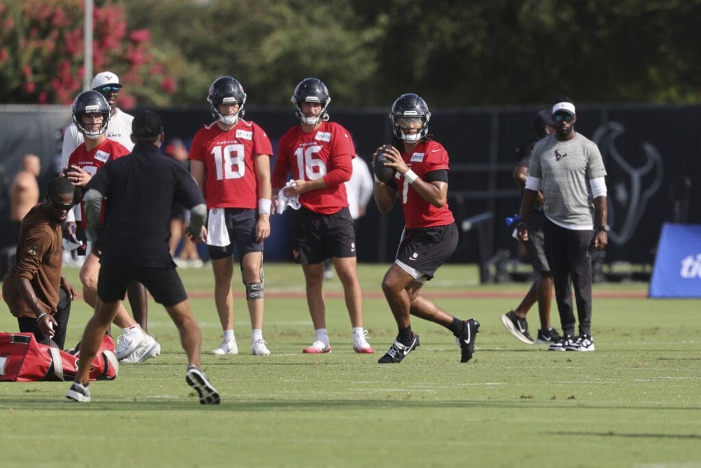 Jul 24, 2025; Houston, TX, USA; Houston Texans quarterback C.J. Stroud (7) during training camp at Houston Methodist Training Center.