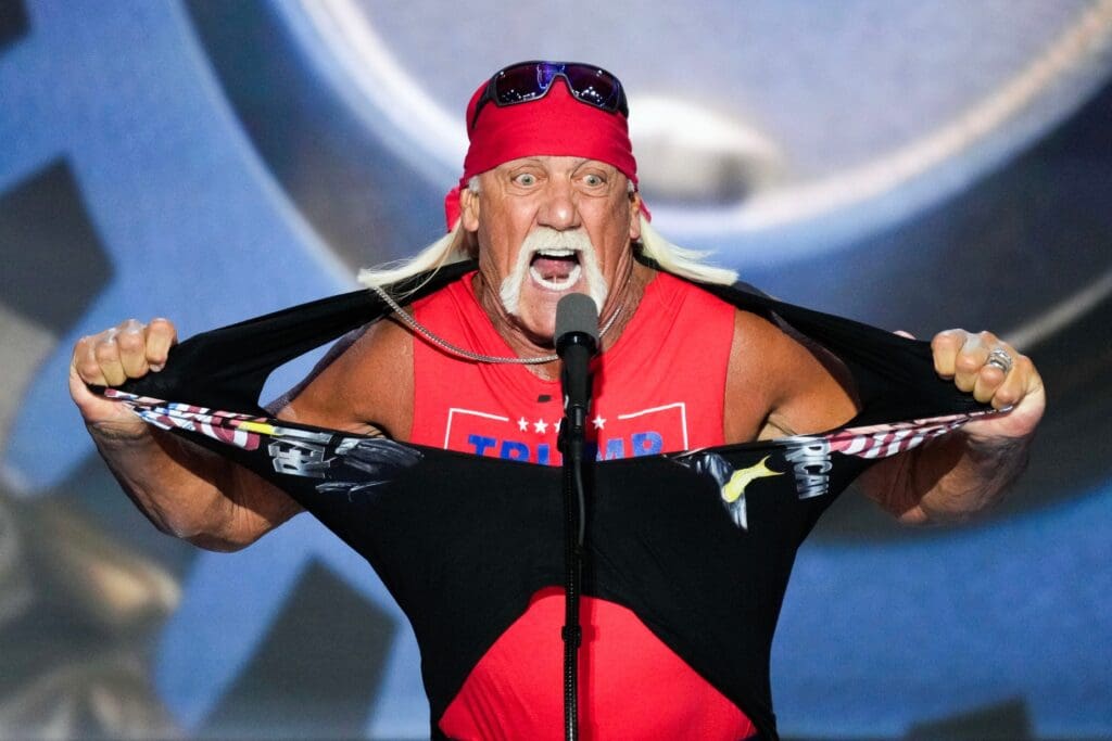 Hulk Hogan, professional entertainer and wrestler, speaks during the final day of the Republican National Convention at the Fiserv Forum in Milwaukee on July 18, 2024. Hulk Hogan, legendary wrestler, has died at 71. Real name Terry Bollea, Hogan rose to prominence as a wrestling superstar in the 1970s, eventually crossing over into superstardom as part of World Wrestling Federation (WWF) in the 1980s. The enduring image of Hogan was body slamming Andre the Giant in the main event of WrestleMania III.