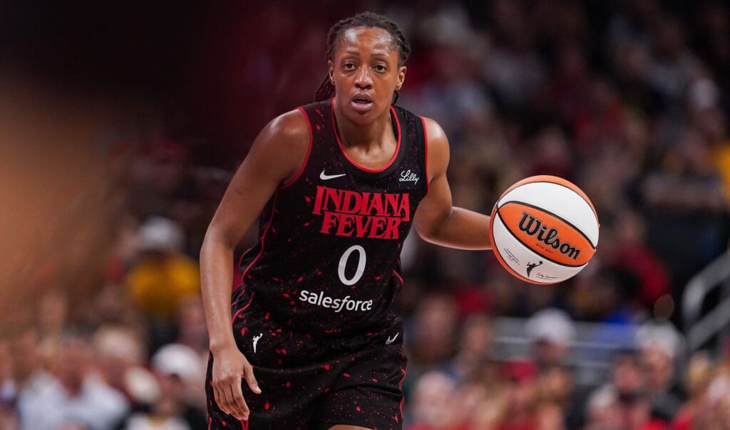 Indiana Fever guard Kelsey Mitchell (0) rushes up the court Thursday, July 24, 2025, during the game at Gainbridge Fieldhouse in Indianapolis.