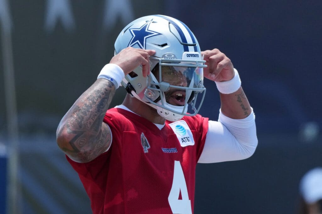 Jul 26, 2025; Oxnard, CA, USA; Dallas Cowboys quarterback Dak Prescott (4) at training camp at the River Ridge Fields. Mandatory Credit: Kirby Lee-Imagn Images