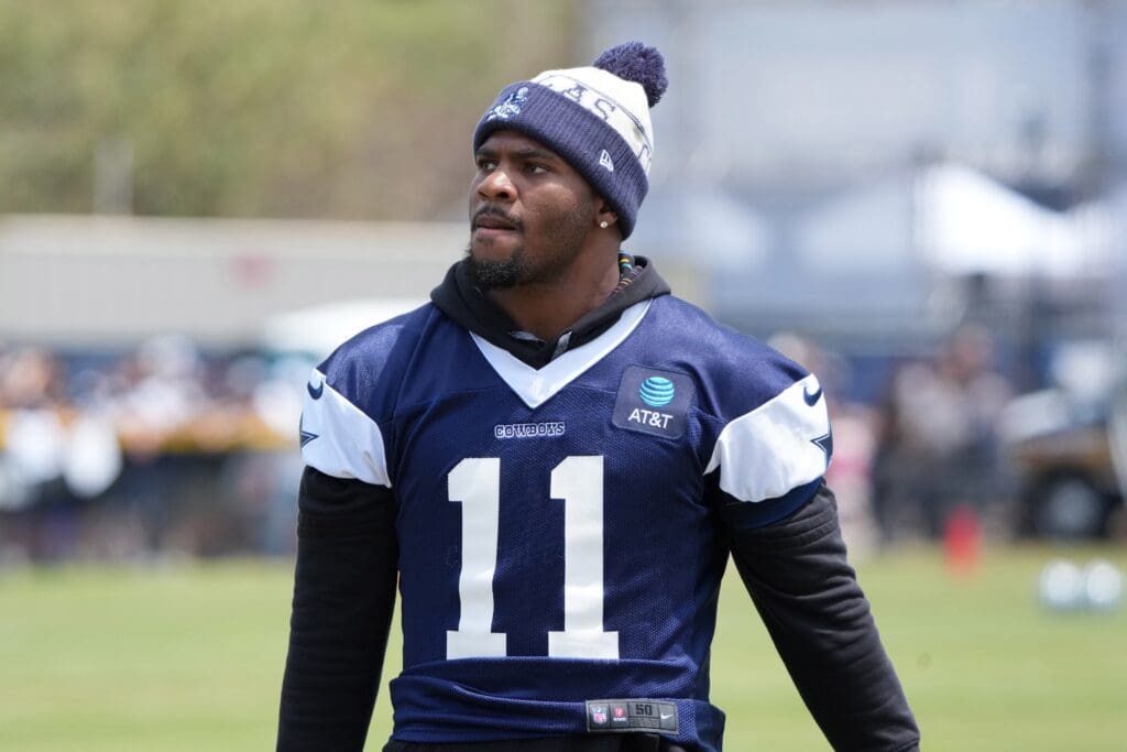 Jul 26, 2025; Oxnard, CA, USA; Dallas Cowboys defensive end Micah Parsons (11) at training camp at the River Ridge Fields. Mandatory Credit: Kirby Lee-Imagn Images