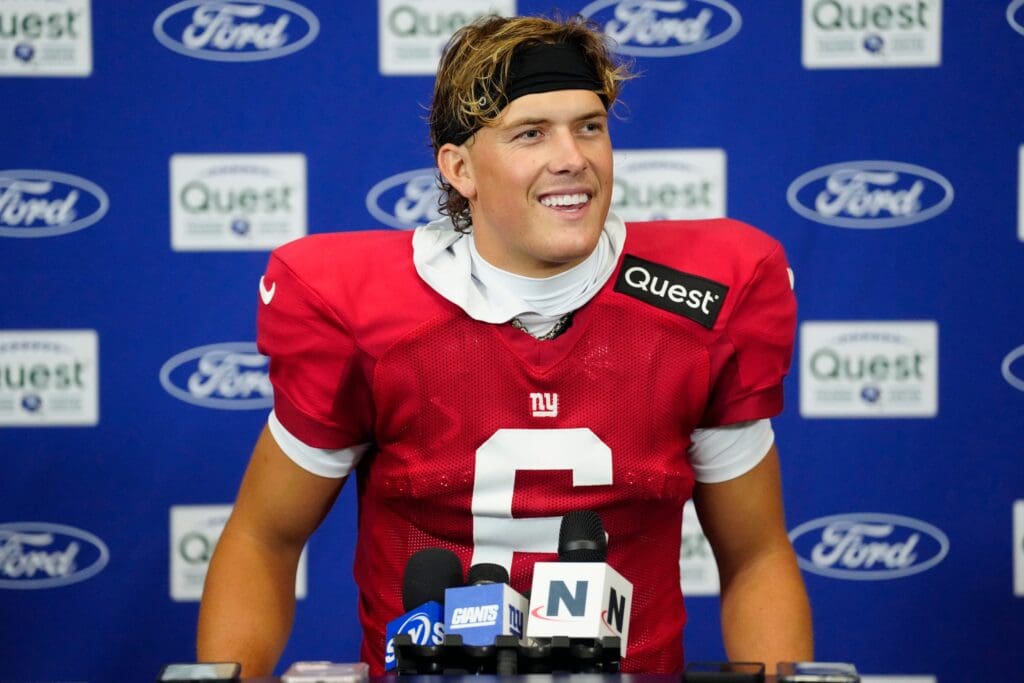 New York Giants quarterback Jaxson Dart (6) speaks to the press, Sunday, July 27, 2025, in East Rutherford.