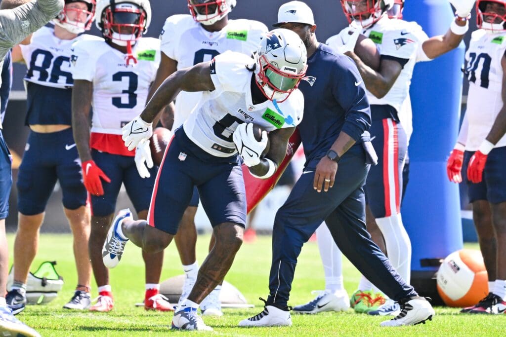 Jul 28, 2025; Foxborough, MA, USA; New England Patriots wide receiver Stefon Diggs (8) does a drill during training camp at Gillette Stadium.