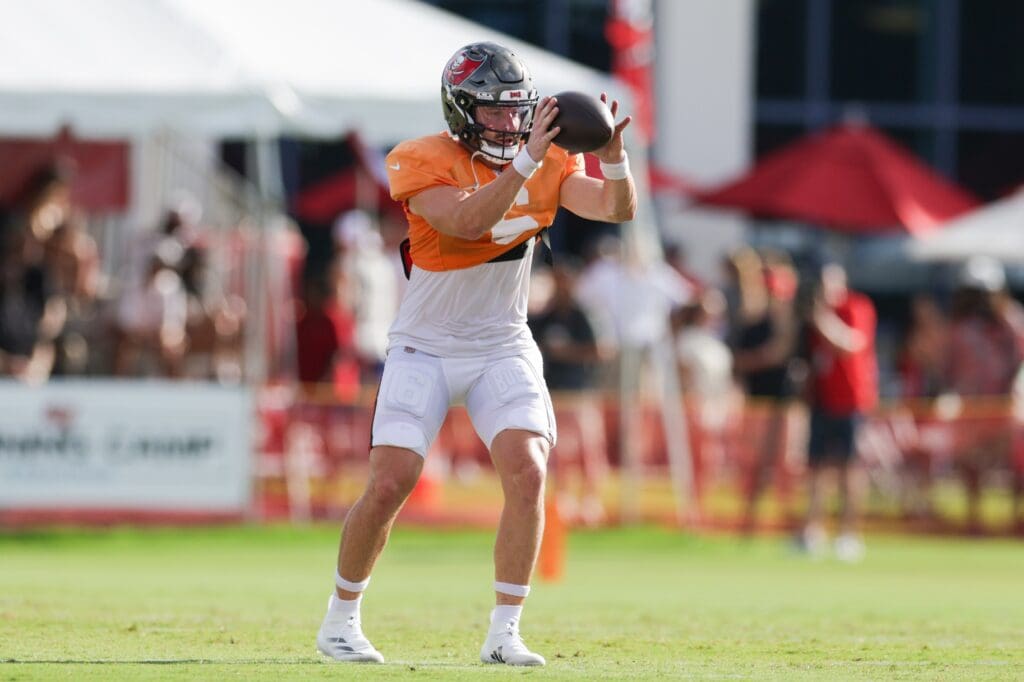 Jul 31, 2025; Tampa, FL, USA; Tampa Bay Buccaneers quarterback Baker Mayfield (6) participates in training camp at AdventHealth Training Center. Mandatory Credit: Nathan Ray Seebeck-Imagn Images