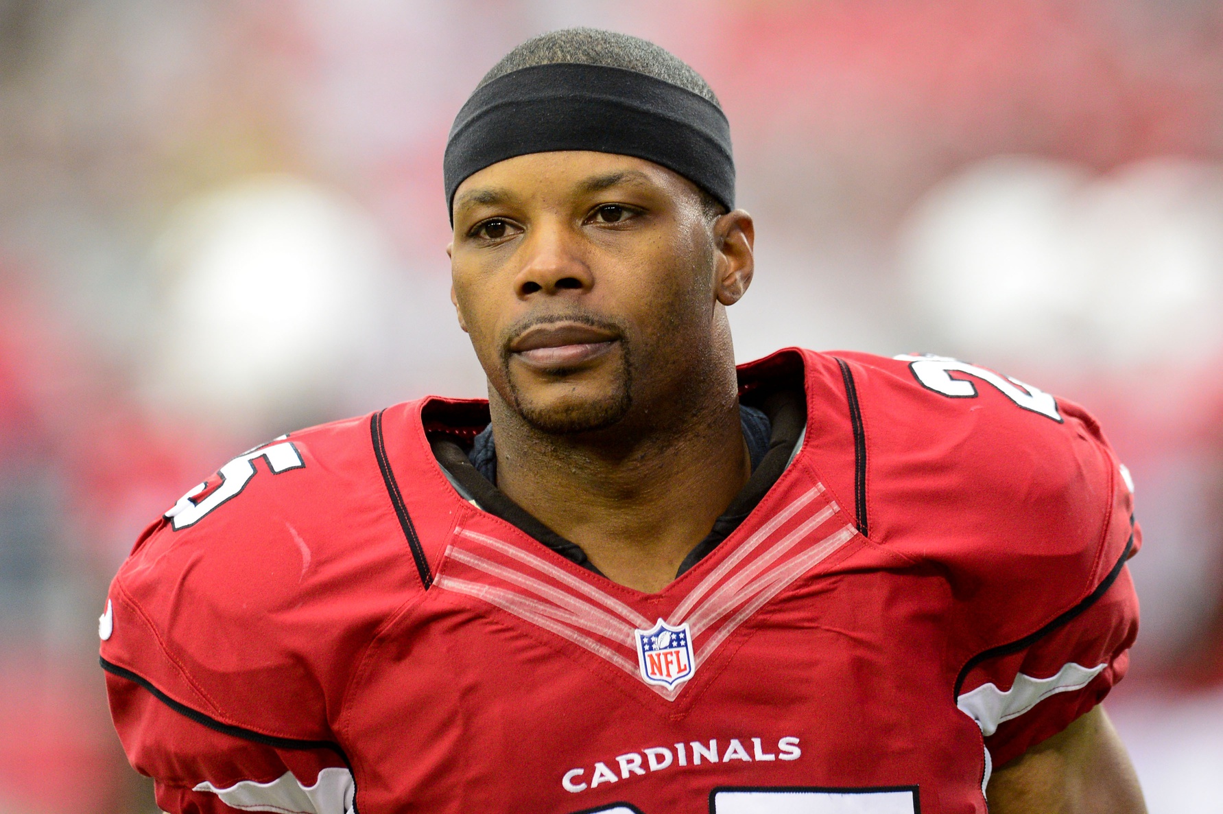 Nov. 25, 2012; Glendale, AZ, USA; Arizona Cardinals free safety Kerry Rhodes (25) looks on prior to the game against the St. Louis Rams at University of Phoenix Stadium. Mandatory Credit: Matt Kartozian-USA TODAY Sports