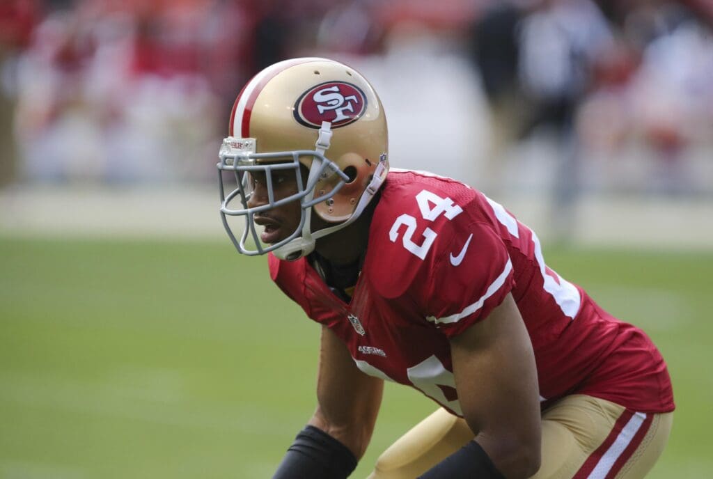 Aug 25, 2013; San Francisco, CA, USA; San Francisco 49ers cornerback Nnamdi Asomugha (24) warms up before the game against the Minnesota Vikings at Candlestick Park. Mandatory Credit: Kelley L Cox-USA TODAY Sports