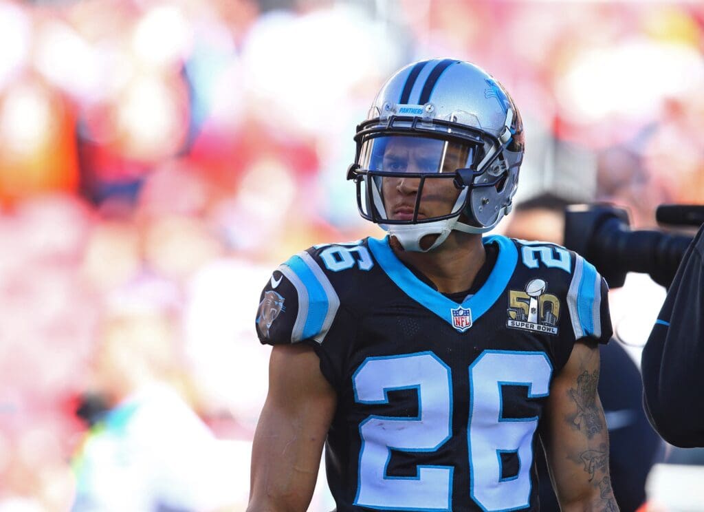 Feb 7, 2016; Santa Clara, CA, USA; Carolina Panthers cornerback Cortland Finnegan (26) against the Denver Broncos during Super Bowl 50 at Levi's Stadium. Mandatory Credit: Mark J. Rebilas-USA TODAY Sports