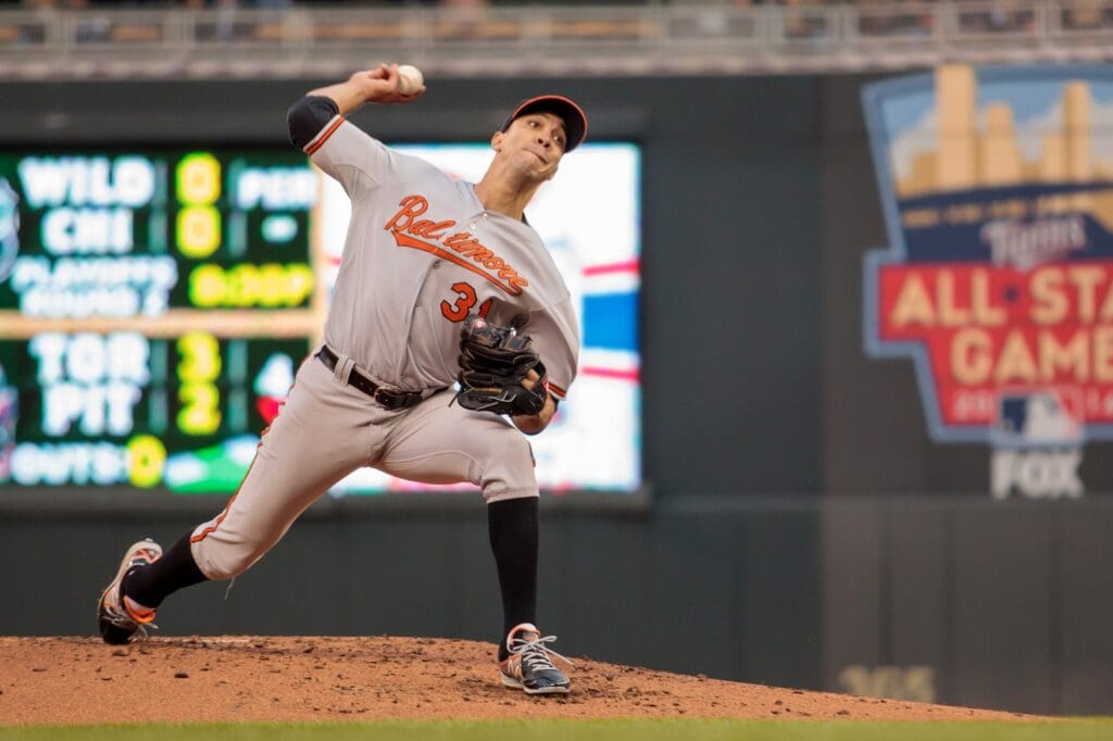 May 2, 2014; Minneapolis, MN, USA; Baltimore Orioles starting pitcher Ubaldo Jimenez (31) pitches in the first inning against the Minnesota Twins at Target Field.