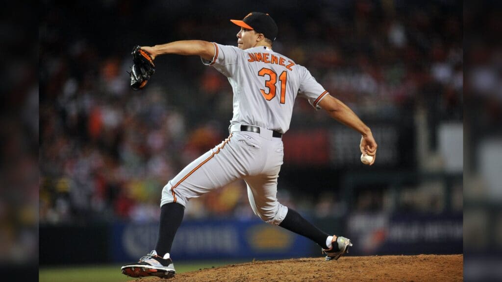 August 8, 2015; Anaheim, CA, USA; Baltimore Orioles starting pitcher Ubaldo Jimenez (31) pitches the seventh inning against the Los Angeles Angels at Angel Stadium of Anaheim.