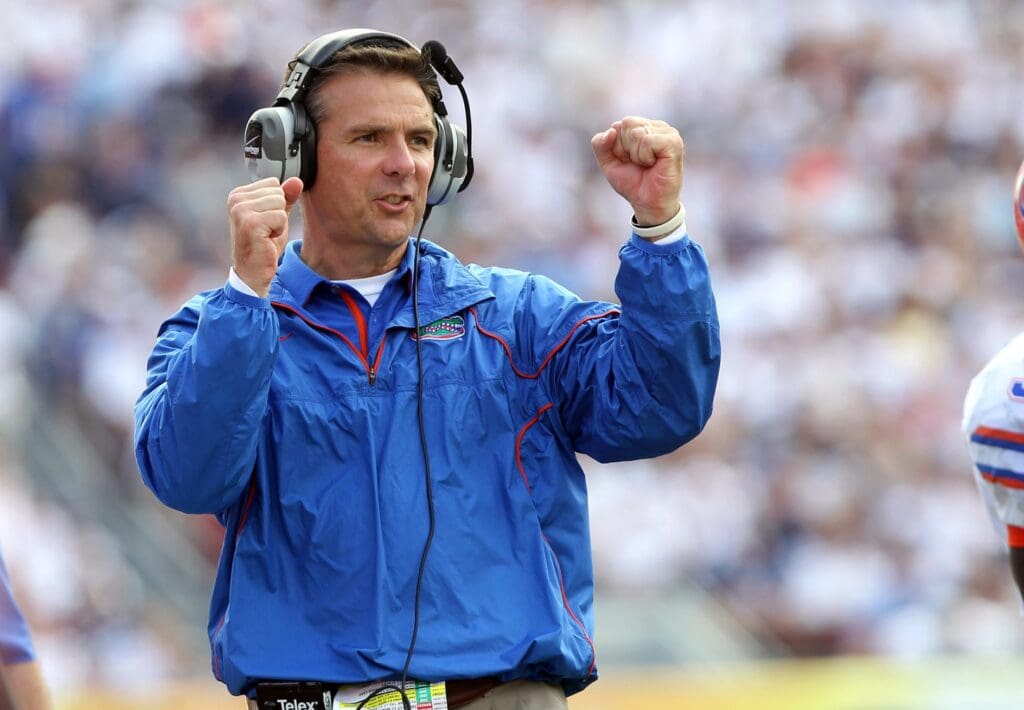 January 1, 2011; Tampa, FL, USA; Florida Gators head coach Urban Meyer reacts during the second quarter of their game against the Penn State Nittany Lions of the 2011 Outback Bowl at Raymond James Stadium.