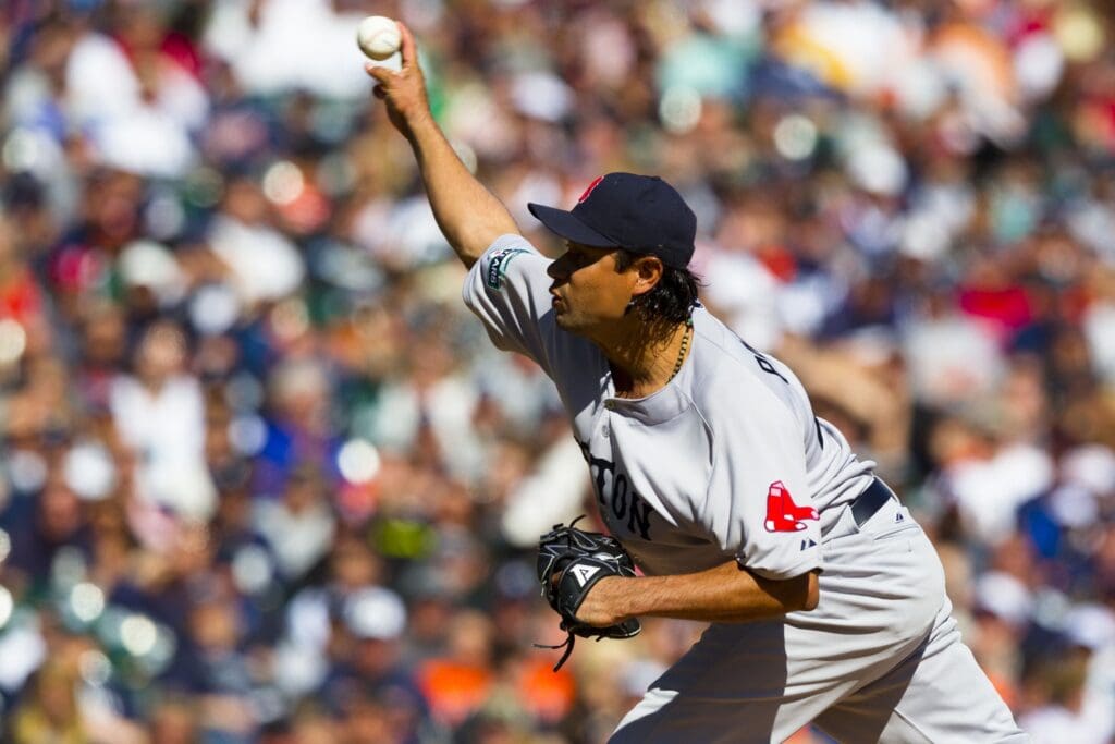 April 8, 2012; Detroit, MI, USA; Boston Red Sox relief pitcher Vicente Padilla (44) pitches during the ninth inning against the Detroit Tigers at Comerica Park. Detroit won 13-12 in eleven innings.