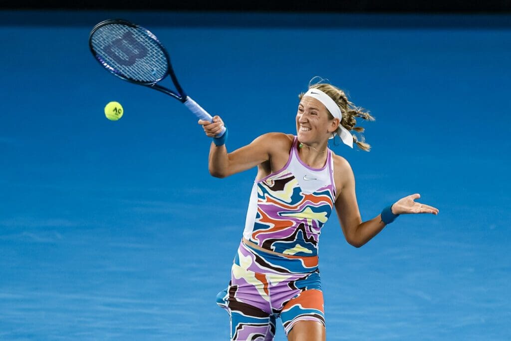 Jan 24, 2023; Melbourne, Victoria, Australia; Victoria Azarenka from Belarus during her quarter final match against Jessica Pegula from the United States on day nine of the 2023 Australian Open tennis tournament at Melbourne Park.
