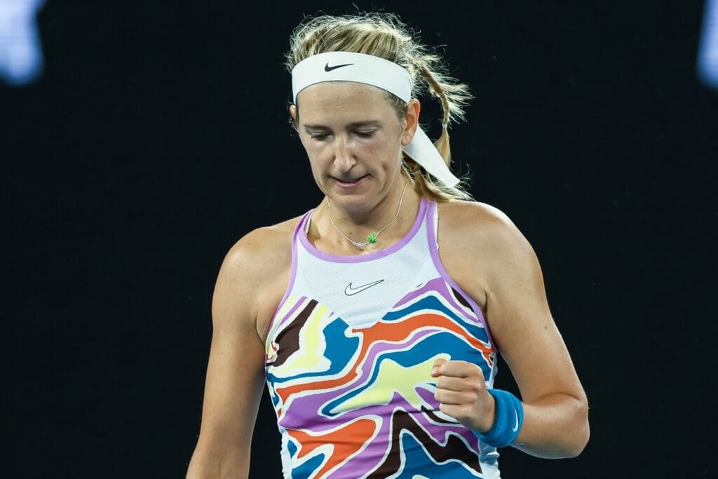 Jan 24, 2023; Melbourne, Victoria, Australia; Victoria Azarenka from Belarus during her quarter final match against Jessica Pegula from the United States on day nine of the 2023 Australian Open tennis tournament at Melbourne Park.