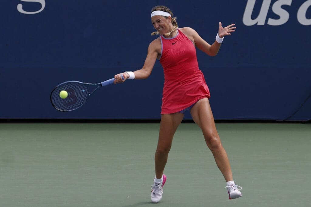 Aug 30, 2024; Flushing, NY, USA; Victoria Azarenka hits a forehand against Yafan Wang (CHN) (not pictured) in a women's singles match on day five of the 2024 U.S. Open tennis tournament at Billie Jean King USTA National Tennis Center.