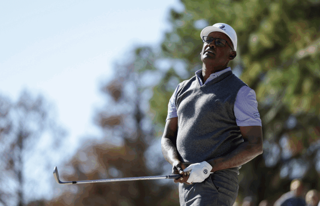 Dec 22, 2024; Orlando, Florida, [USA]; Vijay Singh hits a shot out of a bunker on the seventh hole during the PNC Championship at The Ritz-Carlton Golf Club.