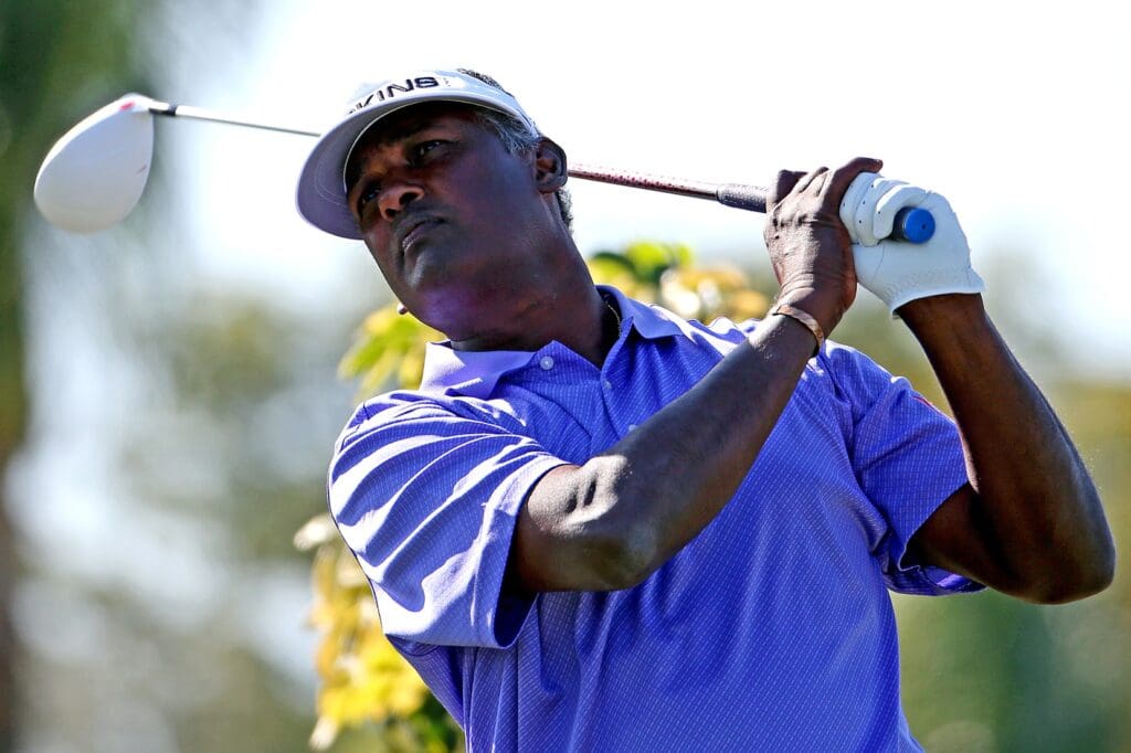 Feb 27, 2016; Palm Beach Gardens, FL, USA; Vijay Singh tees off on the 12th hole during the third round of the Honda Classic. at PGA National (Champion).