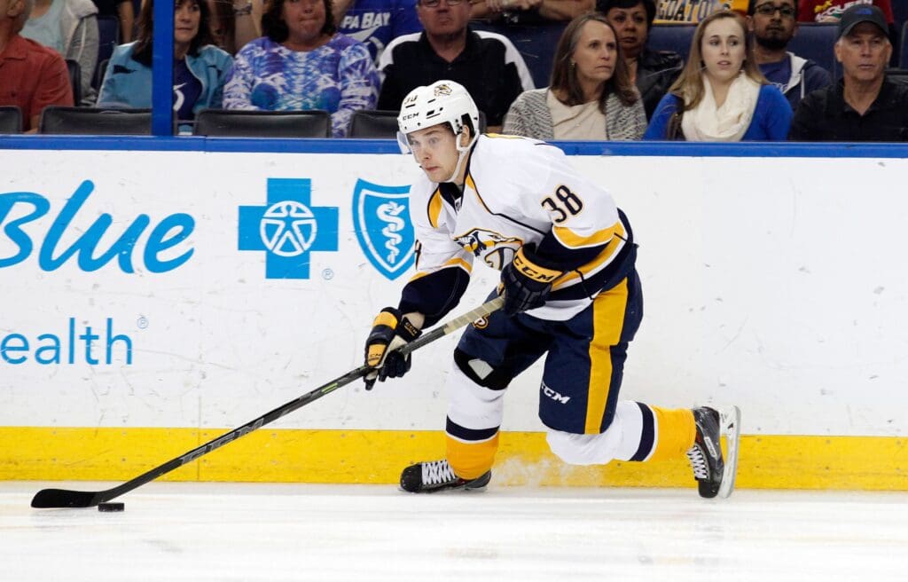 Mar 26, 2015; Tampa, FL, USA; Nashville Predators right wing Viktor Arvidsson (38) skates with the puck against the Tampa Bay Lightning during the first period at Amalie Arena.