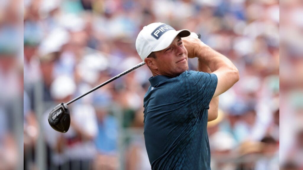 Jun 15, 2025; Oakmont, Pennsylvania, USA; Viktor Hovland plays his shot from the third tee during the final round of the U.S. Open golf tournament.