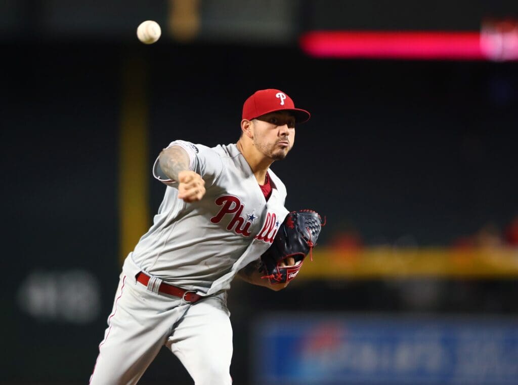 Aug 5, 2019; Phoenix, AZ, USA; Philadelphia Phillies pitcher Vince Velasquez in the first inning against the Arizona Diamondbacks at Chase Field