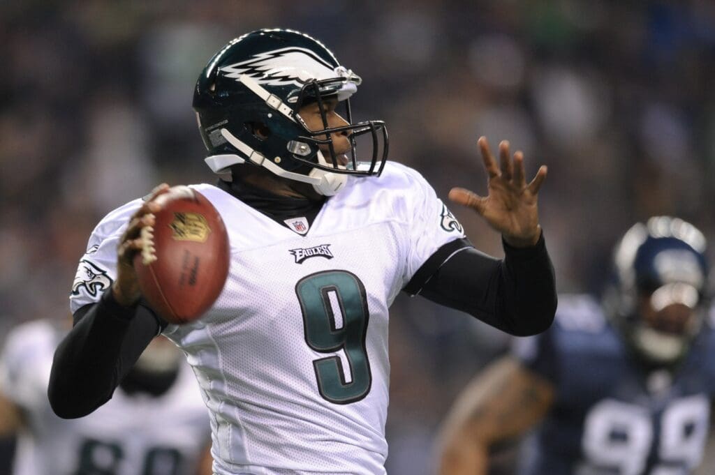 Dec 1, 2011; Seattle, WA, USA; Philadelphia Eagles quarterback Vince Young (9) throws a pass during the 1st half against the Seattle Seahawks at CenturyLink Field.