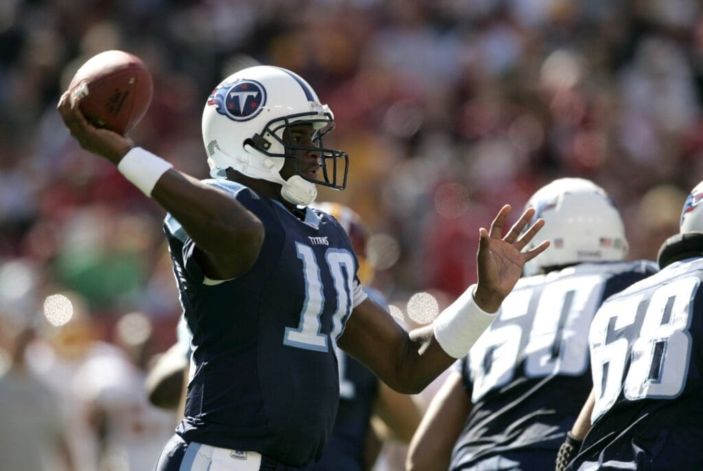 Oct 15, 2006; Landover, MD, USA; Tennessee Titans quarterback (10) Vince Young throws a pass against the Washington Redskins in the second quarter at FedEx Field in Landover, MD.