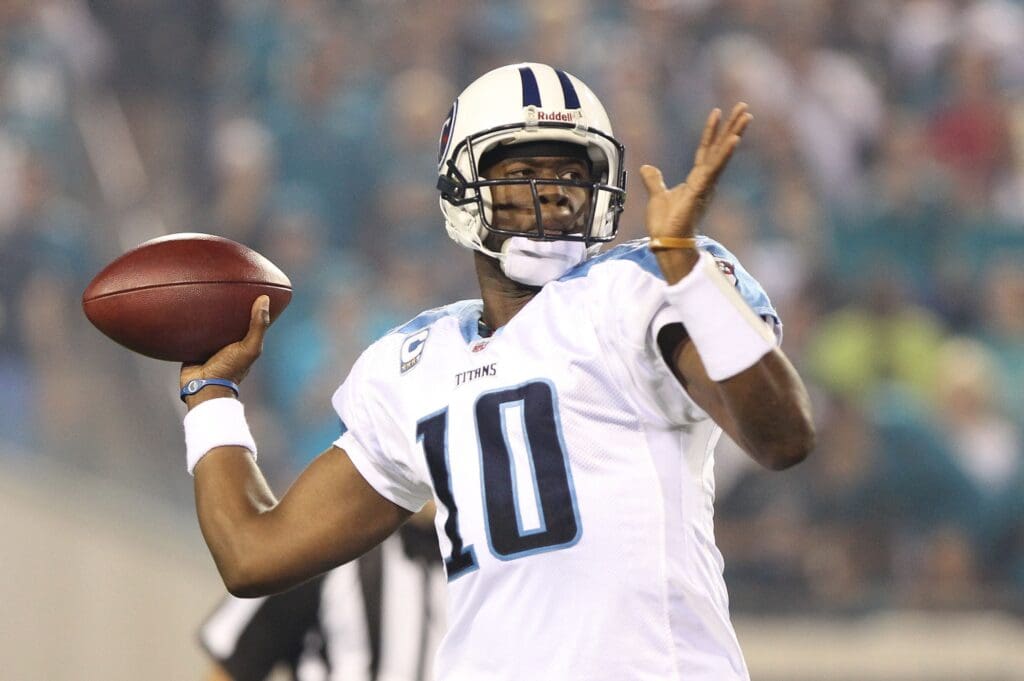October 18, 2010; Jacksonville FL, USA; Tennessee Titans quarterback Vince Young (10) during the first quarter against the Jacksonville Jaguars at EverBank Field. The Titans won 30-3.