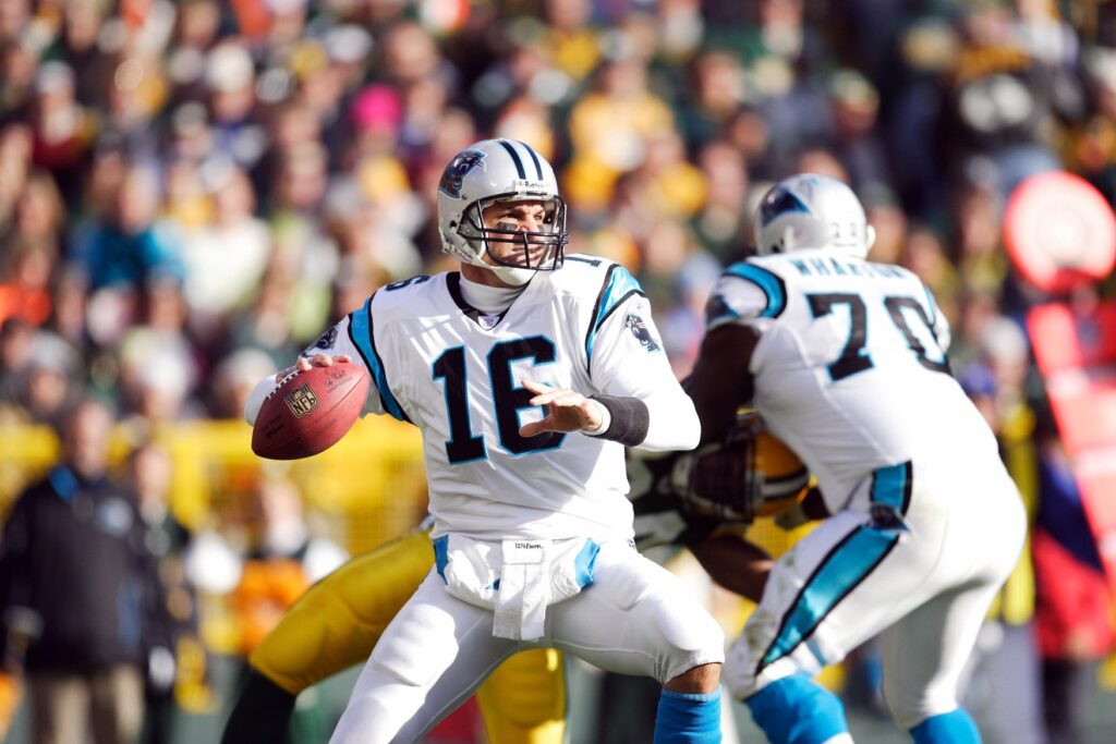 November 18, 2007; Green Bay, WI, USA; Carolina Panthers quarterback Vinny Testaverde (16) throws a pass during the game against the Green Bay Packers at Lambeau Field.